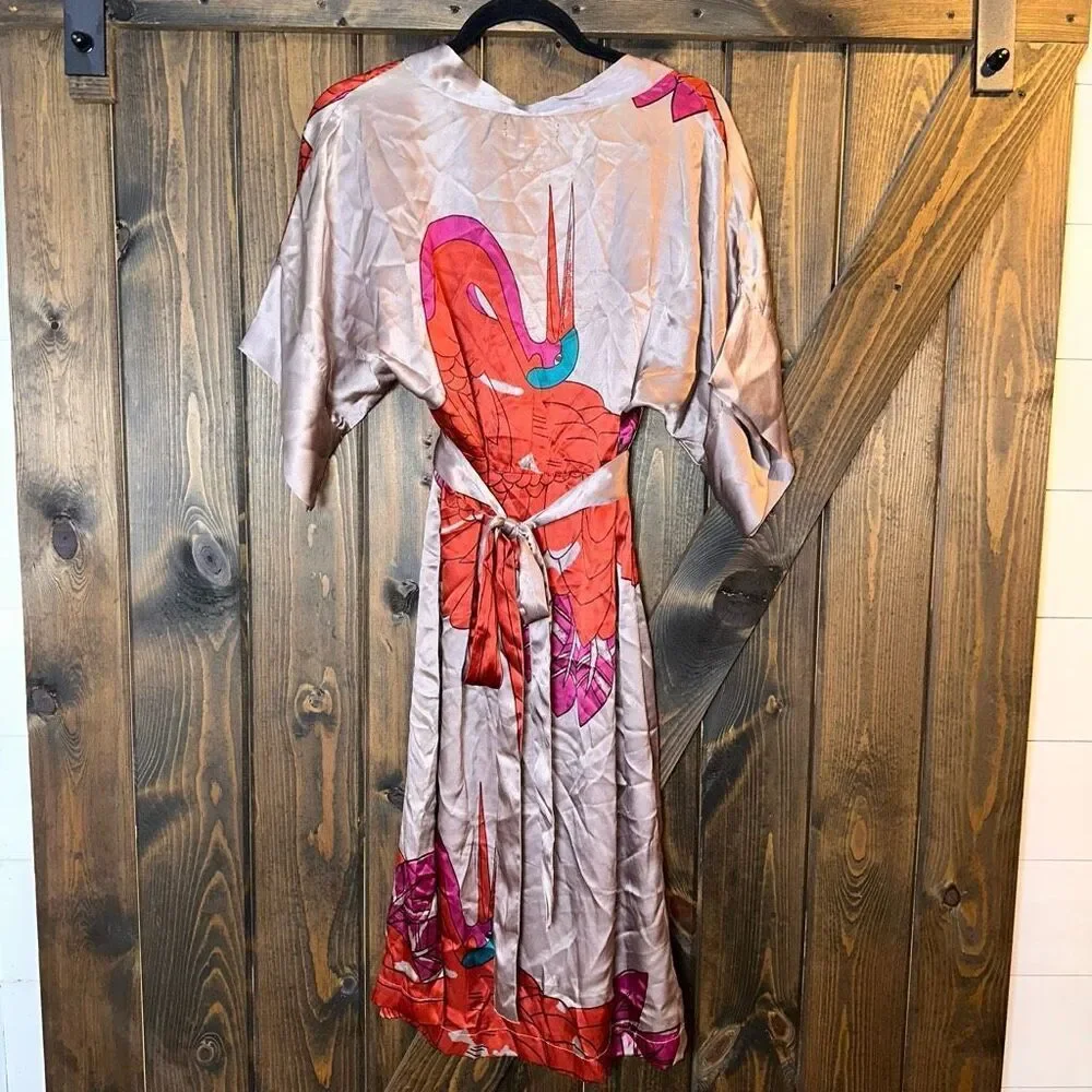 Anthropologie Antik Batik Kimono Style Floral 100% Silk Midi Dress - Picture 2 of 4